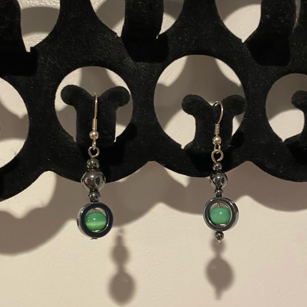 Gorgeous Silver Green Spinning Beaded Dangle Earrings